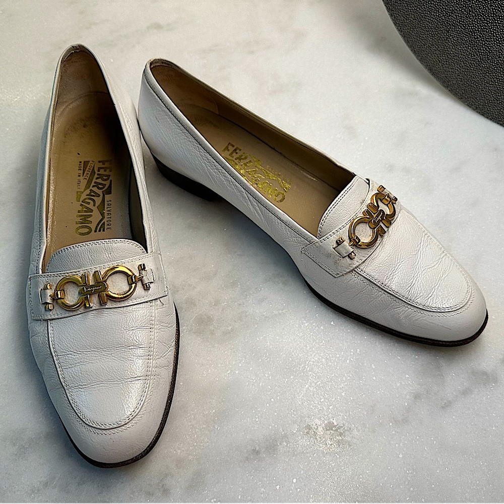 Salvatore Ferragamo Gold Chain White Flats